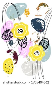 banner design made of hand drawn flowers, various oval shapes in different colors and textures made from watercolor stains, splashes of paint, black lines of thread. Abstract contemporary modern trend