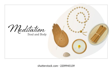 Banner design for meditation, yoga and relaxation. With singing bowl, rosary, incense holder, candle.  Vector illustrations for poster, advertising, banner, invitation, flyer