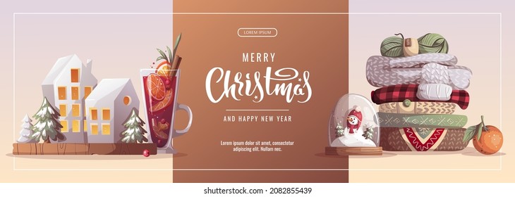 Banner design for Merry Christmas, cozy winter, New Year, Warm clothes, home comfort, holidays. Vector illustration for poster, banner, advertising, flyer, cover.