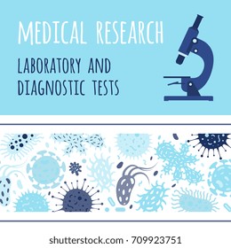 Banner design with microscope and germs. Abstract epidemic microbe banner. Vector illustration