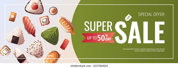 Banner design with Mix of onigiri and variety of Sushi. Japanese food, healthy eating, cooking, menu, nutrition concept. Vector illustration. Banner, promo, flyer, advertising. 