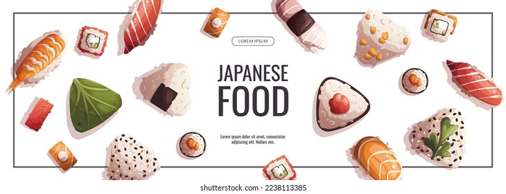 Banner design with Mix of onigiri and variety of Sushi. Japanese food, healthy eating, cooking, menu, nutrition concept. Vector illustration. Banner, promo, flyer, advertising. 