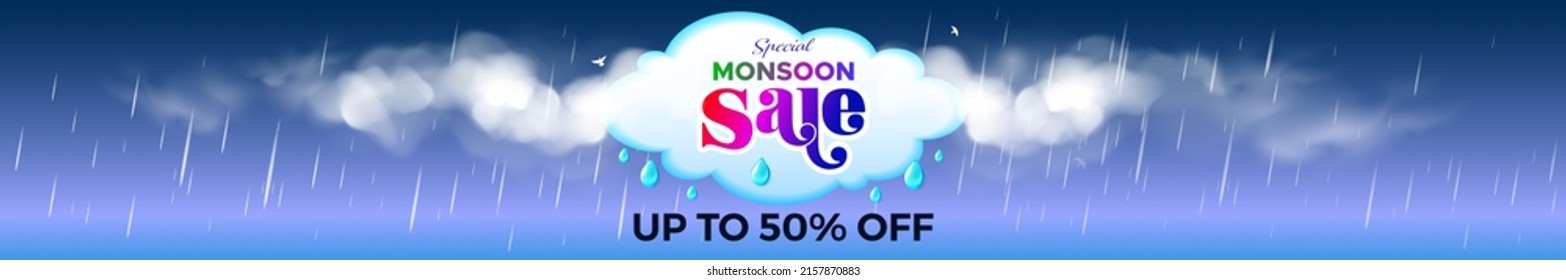 Banner design for Monsoon or Summer season sale offer. Website banner template with cloud rain and special sale text. vector illustration