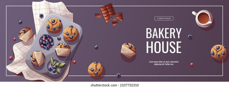 Banner design with muffins. Baking, bakery shop, cooking, sweet products, dessert, pastry concept. Vector illustration for poster, banner, cover, menu, card, flyer.