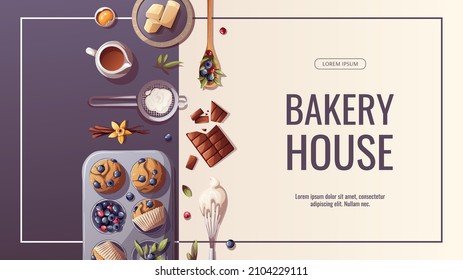 Banner design with muffins and utensils for baking, bakery shop, cooking, sweet products, dessert, pastry. Vector illustration for poster, banner, cover, flyer, menu, sale, advertising.