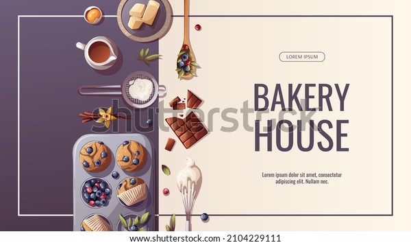 Banner
design with muffins and utensils for baking, bakery shop, cooking,
sweet products, dessert, pastry. Vector illustration for poster,
banner, cover, flyer, menu, sale,
advertising.