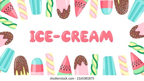 Banner design with multicolored ice cream. Background design for social media, greeting cards, flyers, invitations, postcards. Ice cream business template