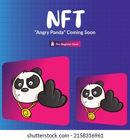Banner design of NFT angry panda coming soon cartoon style template.