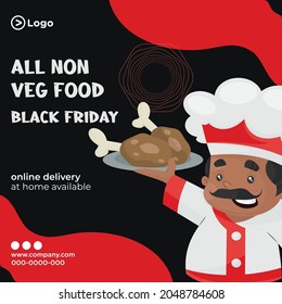 Banner design of non veg food on black Friday cartoon style template. 