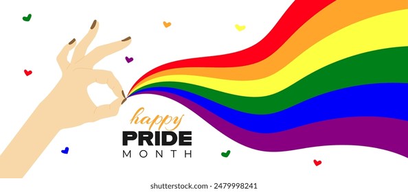Banner-Design auf Pride Month Thema. Die Hand hält einen Regenbogenstrom, ein Symbol der LGBT-Gemeinschaft. Wellenförmiger Fluss von Linien in der Form 
heller Regenbogen