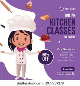 Banner design of online kitchen classes cartoon style template.
