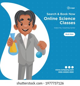 Banner design of online science classes coaching center cartoon style template.
