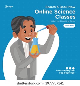 Banner design of online science classes coaching center cartoon style template.