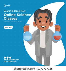 Banner design of online science classes coaching center cartoon style template.