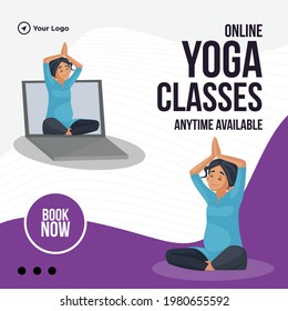 Banner design of online yoga classes anytime available.