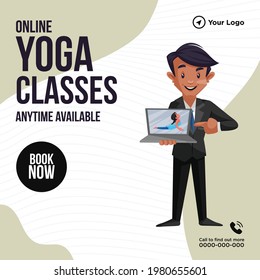 Banner design of online yoga classes anytime available.