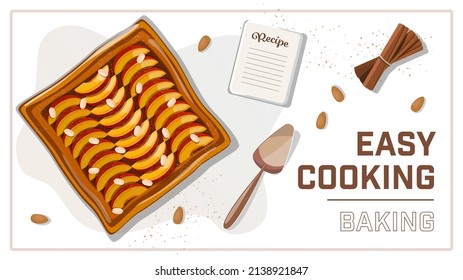 Diseño de pancartas con tartas de melocotón, pastel. Ilustración vectorial para afiches, pancartas, clases de cocina, menú, panadería publicitaria.