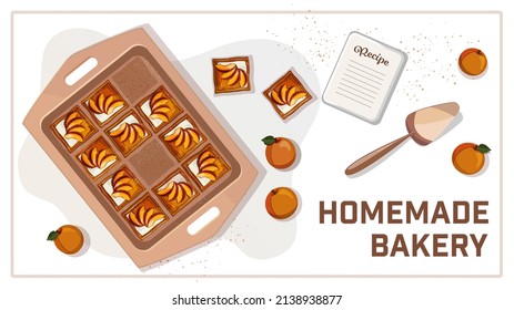 Diseño de pancartas con tarta de melocotón, pastel. Ilustración vectorial para afiches, pancartas, clases de cocina, menú, panadería publicitaria. Pancarta de panadería casera