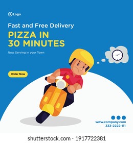 Banner design of pizza in 30 minutes. Pizza delivery boy is getting late for the pizza delivery. Vector graphic illustration.