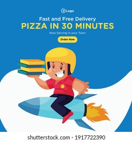 Banner design of pizza in 30 minutes. Pizza delivery boy is sitting on the rocket and holding pizza boxes in hand. Vector graphic illustration.