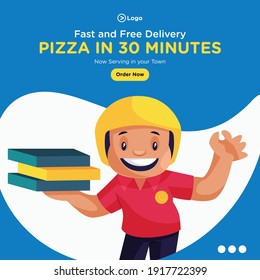 Banner design of pizza in 30 minutes. Pizza delivery boy with pizza boxes and showing okay sign. Vector graphic illustration.