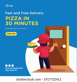 Banner design of pizza in 30 minutes. Pizza delivery boy is knocking on the door. Vector graphic illustration.