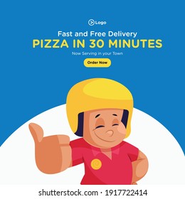 Banner design of pizza in 30 minutes. Pizza delivery boy showing thumbs up. Vector graphic illustration.
