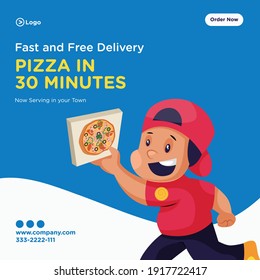 Banner design of pizza in 30 minutes. Pizza delivery boy is holding pizza and running fast. Vector graphic illustration.