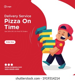 Banner design of pizza on time. Pizza delivery boy is holding many pizza boxes. Vector graphic illustration.
