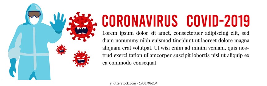 Banner for design with place for text. A man in a protective suit against a viral infection. Protective measures during an epidemic. Flat vector illustration