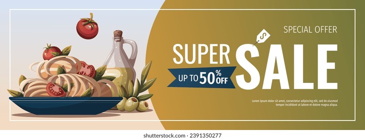Banner design with Plate of Italian pasta and olive oil. Italian cuisine, healthy food, cooking, restaurant menu, eating, recipes concept. Vector illustration for poster, banner, promo, sale.