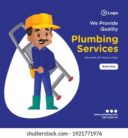 Banner design of plumbing services. Plumber is holding a ladder in hand.  Vector graphic illustration.