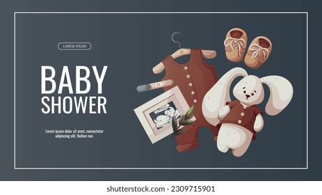 Banner design with plush toy, ultrasound baby picture, positive pregnancy test, baby bodysuit and booties. Baby waiting, pregnancy, sonogram concept. Vector illustration for sale, flyer, banner.