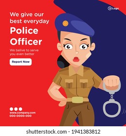 Banner design of police officer give our best every day. Lady police holding handcuffs in hand. Vector graphic illustration.