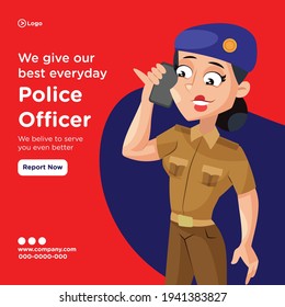 Banner Design Of Police Officer Give Our Best Every Day. Lady Police Talking On The Phone. Vector Graphic Illustration.