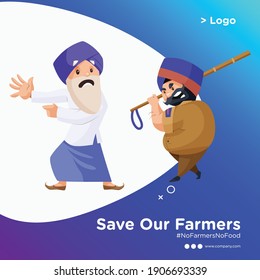 Banner design of a policeman is attacking the Punjabi old man with a stick. Vector cartoon illustration. Isolated on blue background.