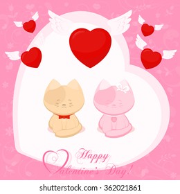 Banner for design poster or card Valentine's Day with two small cute kittens and flying abstract symbols hearts
