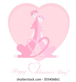 Banner for design posters or invitations on Valentine's Day with two cutest cats on backdrop symbol heart and title. Vector illustration.