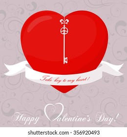 Banner for design posters or invitations on Valentine's Day with cutest abstract symbol heart, key and bow. Vector illustration.