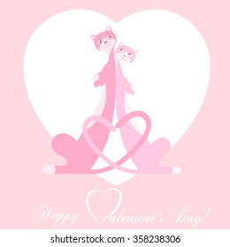 Banner for design posters or invitations on Valentine's Day with two cutest cats on backdrop symbol heart and title. Vector illustration.