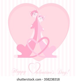 Banner for design posters or invitations on Valentine's Day with two cutest cats on backdrop symbol heart and title. Vector illustration.