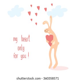 Banner for design posters or invitations on Valentine's Day with cutest rabbit and hand drawn text. Vector illustration.