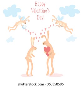 Banner for design posters or invitations on Valentine's Day with cutest rabbits and hand drawn text. Vector illustration.