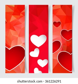 Banner for design posters or invitations on Valentine's Day with cutest symbol paper hearts and title. low poly background Vector illustration.