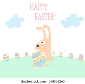 Banner for design posters or invitations on Happy Easter's Day with cutest rabbit and hand drawn decorated eggs. Vector illustration.