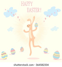 Banner for design posters or invitations on Happy Easter's Day with cutest rabbit and hand drawn decorated eggs. Vector illustration.