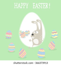 Banner for design posters or invitations on Happy Easter's Day with funny rabbit and hand drawn decorated eggs. Vector illustration.