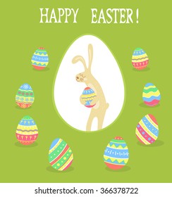 Banner for design posters or invitations on Happy Easter's Day with funny rabbit and hand drawn decorated eggs. Vector illustration.