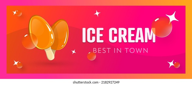 Banner design with pretty orange ice cream and bubbles. Pink and orange background