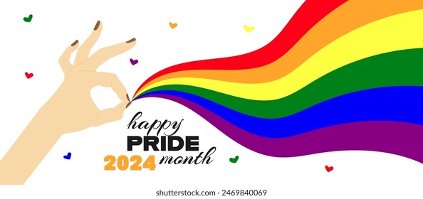 Banner design for Pride Month 2024 theme. Hand holding a wavy rainbow in lgbt colors on a white background. Happy Pride Month 2024 text